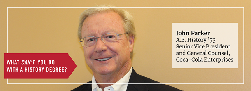 UGA History Degree Alumni John Parker is pictured smiling. He is currently the Senior VP and general Counsel of Coca-Cola Enterprises