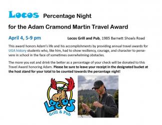 flyer for event April 4, Locos percentage night fundraiser for studnet travel award