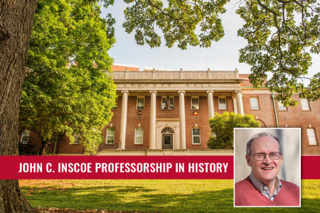 photo of LeConte Hall with headshot of Professor John Inscoe